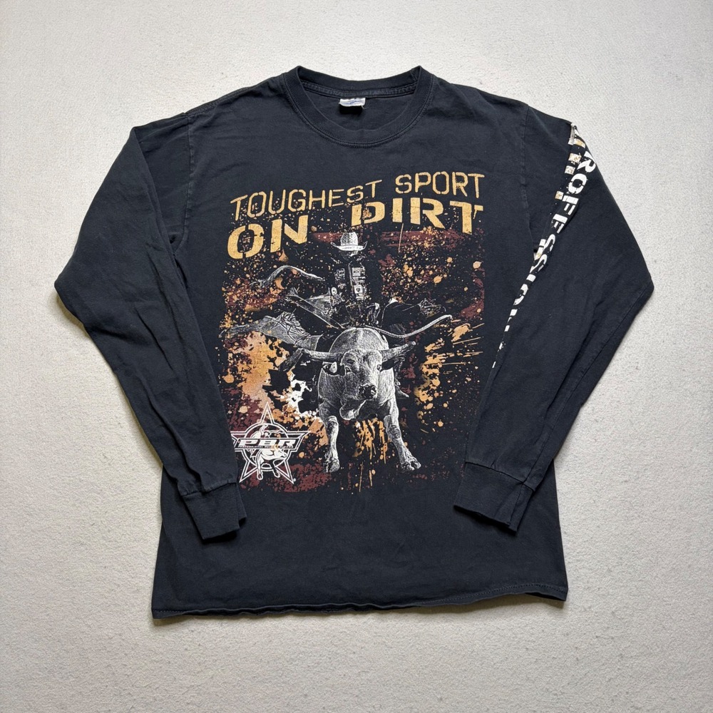 Gildan PBR Long Sleeve Shirt Mens S Black Toughest Sport On Dirt Bull Riding Tee